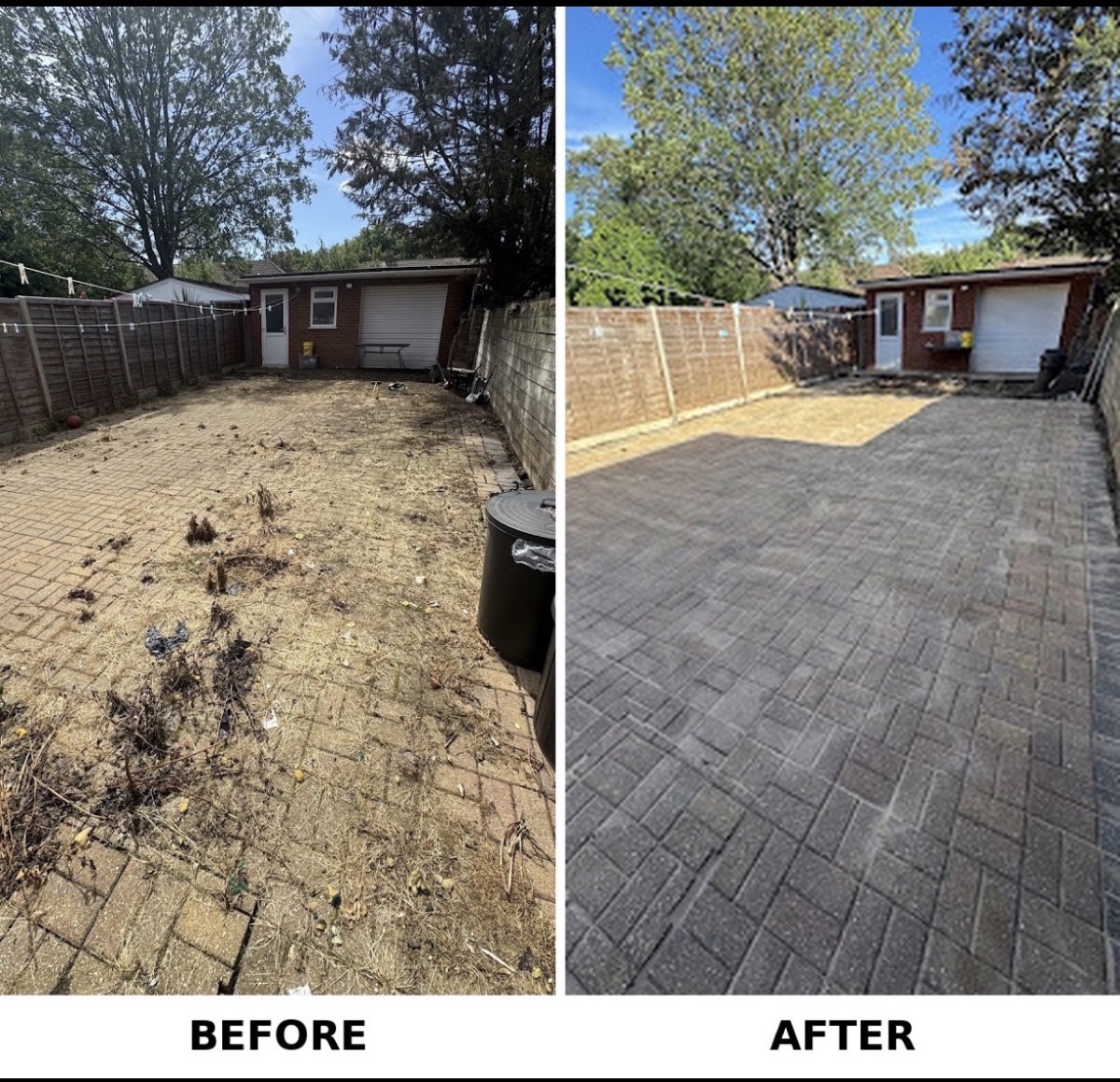 Back garden paving before and after pressure washing