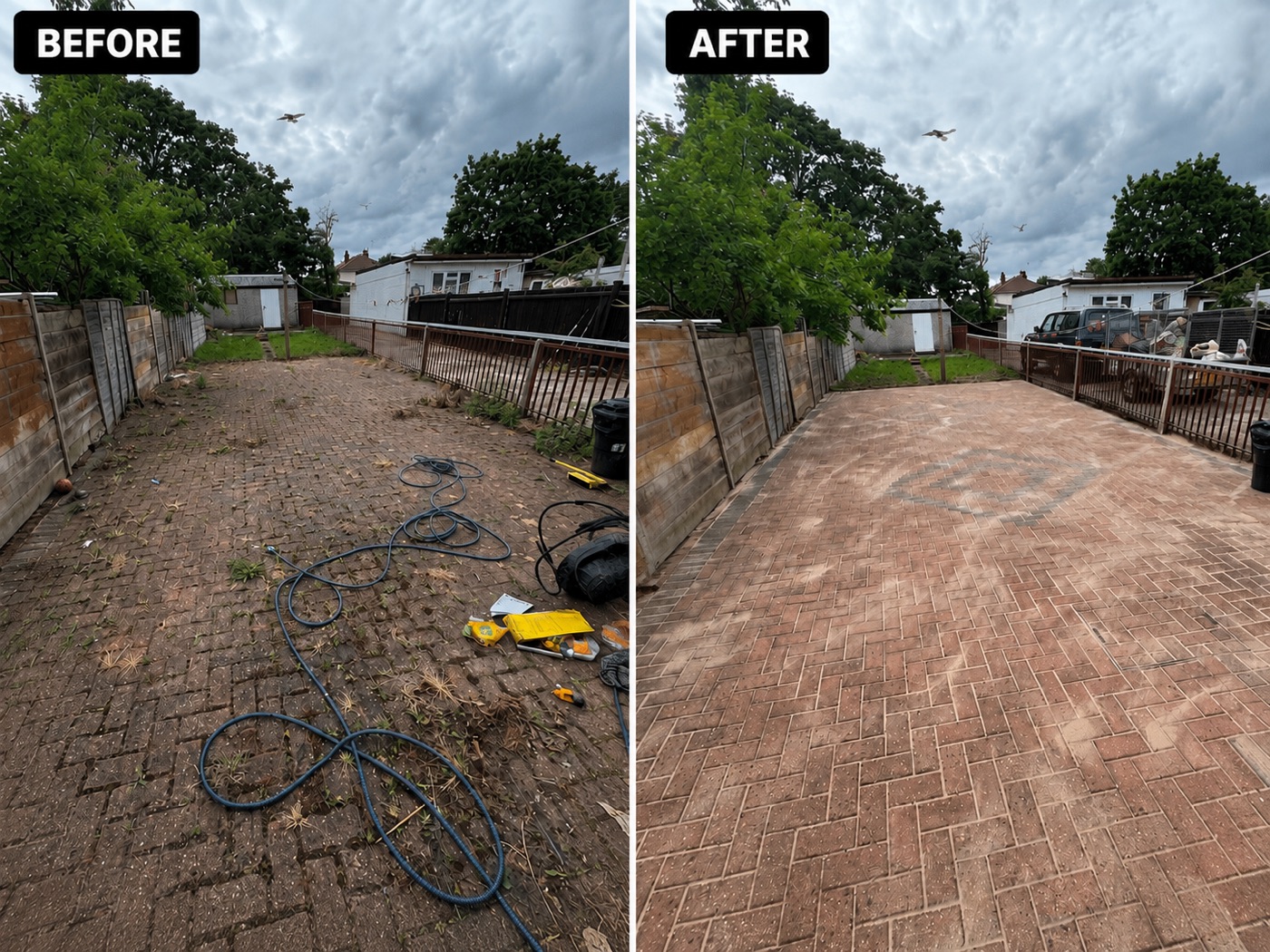 Large paved patio before and after professional pressure washing